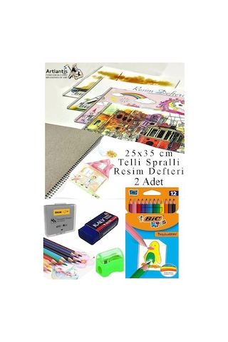12 Renk Bic Kuru Boya 25x35 Cm Telli Spralli Resim Defteri Hamur Silgi Kalemtraş 15 Yaprak Resim Defteri Kuruboya Kalem