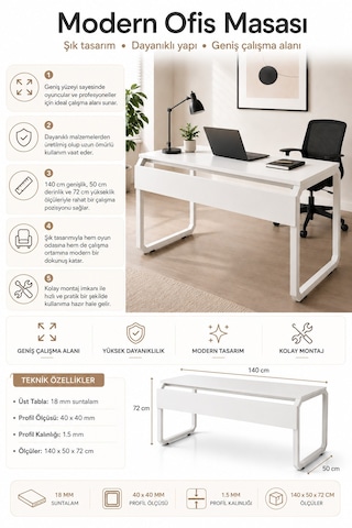 Bilgisayar Ve Oyuncu Çalışma Masası Beyaz - Ofis Masası Geniş Tasarım 140x72x50 Cm