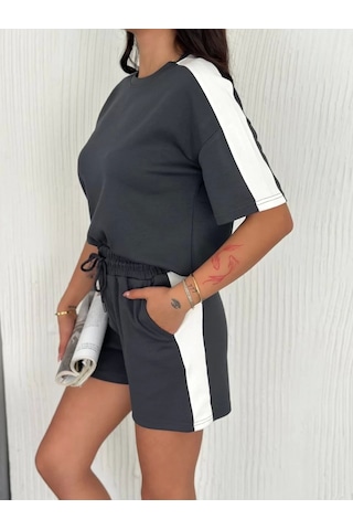 Osy Modal Yumuşak Dokulu Kumaş Kadın Parçalı Bisiklet Yaka T-shirt Kısa Şort İkili Takım - Antrasit Antrasit