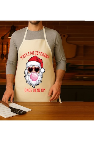 Yılbaşı Mutfak Önlüğü Yeni Yıl Noel Baba Beni Öp Tasarımlı Önlük Çok Renkli