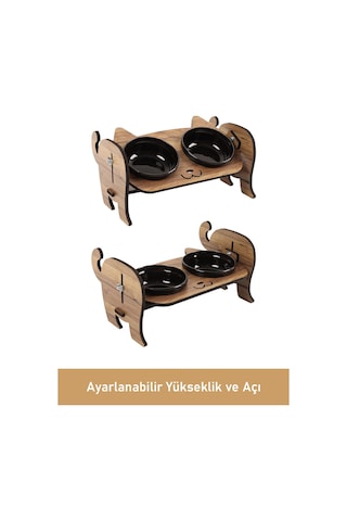 Ahşap Kedi Mama Seramik Su Kabı Standı,kedili Mama Kabı, Hediye Kedi Halısı
