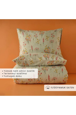 Bella Maison %100 Pamuk Saten Flores Çift Kişilik Nevresim Seti Açık Yeşil 200 x 220 CM Yeşil