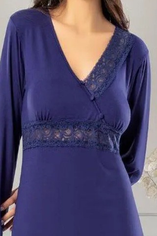 Faal 8613 Kadın Uzun Kollu Dantel Detaylı V Yaka Pijama Takımı-lacivert Lacivert