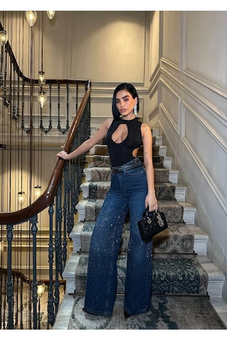 Glammoss L'atelier Yüksek Bel Taş Detaylı Wide Leg Jean Pantolon Bluestone Bluestone