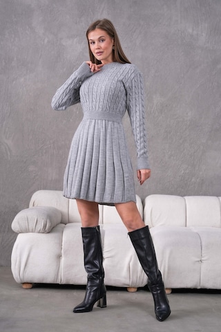 Flex Fashıon Saç Örgülü Trend Popüler Triko Mini Elbise Açık Gri - 662242424 Açık Gri - 662242424 Açık Gri