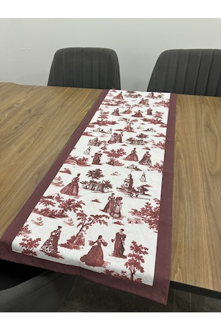 Toile De Jouy Paris Runner 40x110 Cm %100 Pamuk Dijital Baskılı Masa Örtüsü Klasik Fransız Tarzı Masa Dekoru - Zt700 Kırmızı