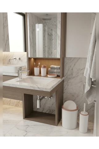 Beyaz Çizgili 5 Parça Banyo Seti Çöp Kovası Klozet Fırçası Sıvı Sabunluk Diş Fırçalık Sabunluk