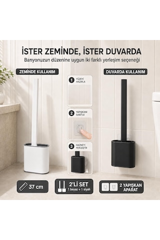 Lexroo 2li Set Beyaz Ve Siyah Renk Silikon Tuvalet Fırçası Set Bükülebilir Pratik Silikon Wc Klozet