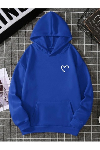 Yarım Kalp Sweatshirt - Sax Mavi Baskılı Oversize Kışlık Kalın Kapüşonlu Saks Mavi