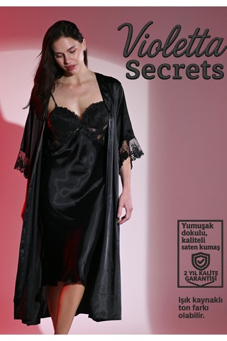 Violetta Secrets Siyah Dantelli Saten Gecelik Ve Sabahlık Takımı Siyah
