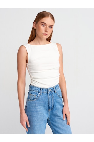 Dilvin 31589 Büzgülü Kayık Yaka Top-ekru Ekru