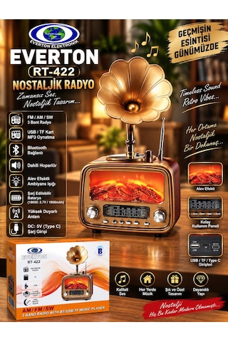 Everton Rt-422 Bluetooth Fm-usb-tf-aux Şarjlı Nostaljik Radyo Gramafon Alev Ambiyans Işığı Şömine Çıtırtı Sesli