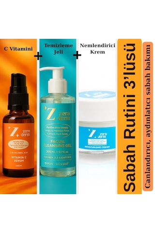 3 Lü Sabah Cilt Bakım Seti Yüz Temizleme Jeli + C Vitamini Serumu + Nemlendirici Krem