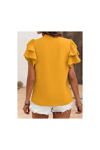 Butik İstanbul Kadın Kısa Kollu V Hakim Yaka Kolları Fırfırlı Dubai Bluz Sarı