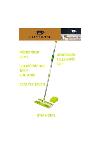 Mikrofiber Mandallı Mop Teleskopik Saplı Set + Yedek Bezli Yeşil