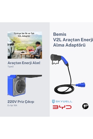 Bemis V2l Vehicle To Load Elektrikli Araç Uyumlu Tekli Priz Uzatma Adaptörü 3 Metre Byd- Skywell 16a/3.5kw