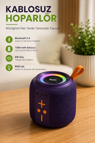 Taşınabilir Bluetooth Hoparlör 6w Güçlü Ses, Rgb Led Işık, 1500 Mah Batarya, Tf Kart Destekli Kablosuz Mini Hoparlör