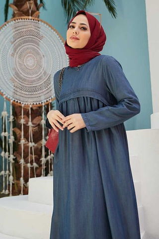 Neways 6598-Büzgülü Liyosel Elbise Koyu Mavi