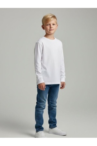 Zekids Erkek Çocuk Pamuklu Uzun Kol Basic T-shirt-16713 KREM
