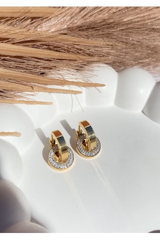 Altın / Gold Renk Zirkon Taşlı Diskli 316l Çelik Küpe