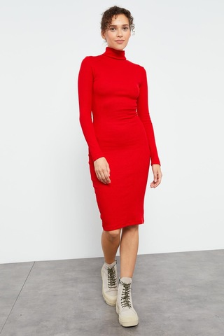 Tommy Life Kırmızı Kaşkorse Triko Dar Kalıp Balıkçı Yaka Kadın Elbise - 97117 Kırmızı