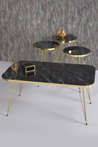 Zigon Sehpa Ve Orta Sehpa Kr Set Gold Tel Siyah Mermer Desen