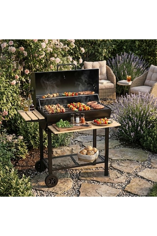 Zln3594 Kömürlü Mangal & Barbekü Taşınabilir Ahşap Raflı Siyah