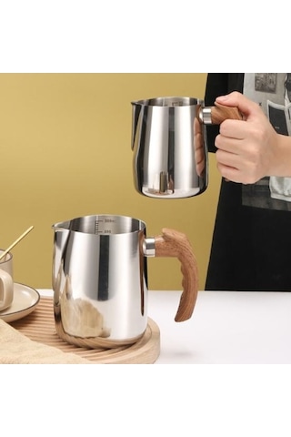 Novahub 600/1000ml Gümüş Paslanmaz Çelik Latte Kahve Fincanı Süt Köpürtme Sürahi Ahşap Saplı Damlamasız
