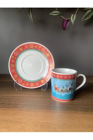 Yeni Yıl-noel Baba Geyik Model 4 Parça 2 Kişilik Porselen Türk Kahvesi Fincan Takımı Çok Renkli