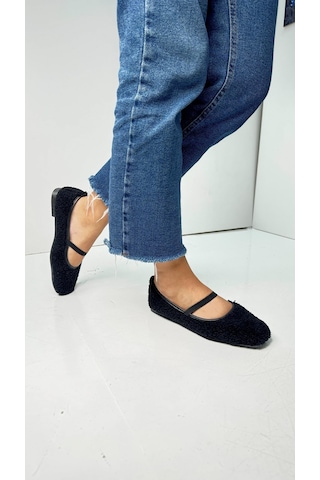 Günlük Kadın Babet Peluş Lastikli Oval Burunlu Alçak Topuklu Tırtıklı Tabanlı Ayakkabı 369 Siyah