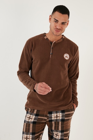 Buratti Ekoseli Regular Fit Düğmeli Bisiklet Yaka Kışlık Polar Erkek Pijama Takımı 60961002 Camel