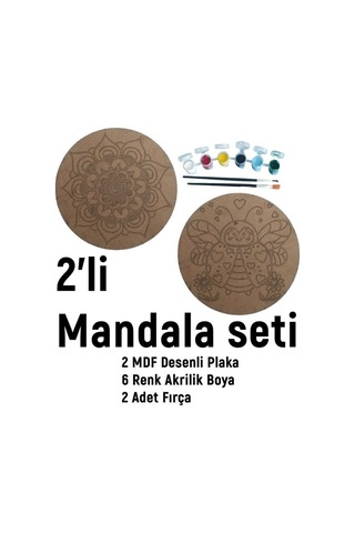 2'li Mandala Boyama Seti- Aile Etkinliği-2 Ham Mdf Plaka, 6 Renk