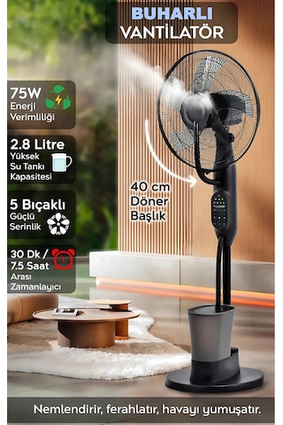 Buzlu Vantilatör Buharlı Nemlendirici Fan Zaman Ayarlı 2.8 Litre 75 Oda Soğutucu Dijital