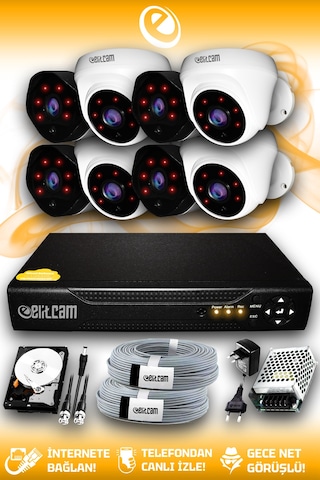 Elitcam 8 Kameralı Uzay 4 İç Kamera Set 1 TB HDD Full HD Gece Görüşlü Güvenlik Kamerası Sistemi