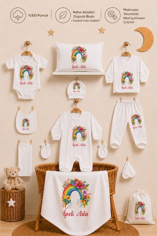 Pia Baby Kız Bebek Hastane Çıkışı 12 Parça %100 Pamuk İsme Özel Organik Baskılı Kese Hediyeli 100511k3x Ekru