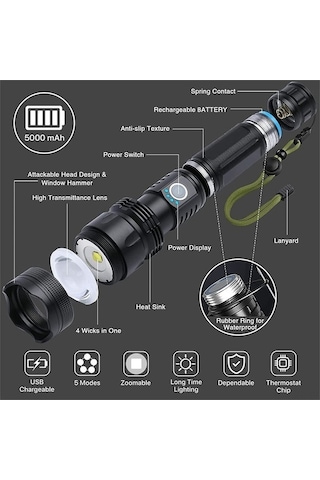 Ulzyvf Createtech Zoomlanabilir, Yürüyüşü, Yüksek Yüksek Xhp50.2 Taktik Su Siyah Şarj Mod, Lumen, Kamp Işıkları, Ipx7 İçin Güçlü Geçirmez Fener, Dağ Acil Durumlar İçin 90000 Lümen, Mf Siyah Siyah