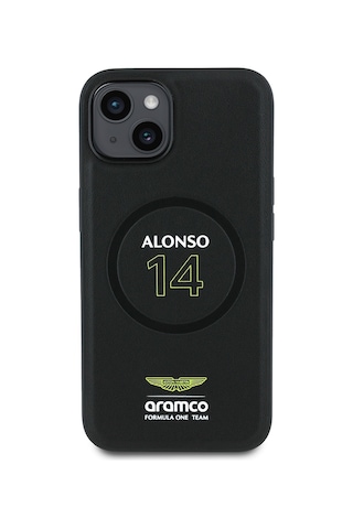 Apple Uyumlu iPhone 15 Kılıf Aston Martin Lisanslı M-safe Şarj Özellikli Pu Deri Alonso 14 Baskılı Kapak Siyah