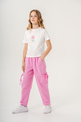Mısstuffy Kız Çocuk Pamuklu T-shirt Keten Pantalonlu Yazlık Takım 6-9 Yaş Pembe - Beyaz