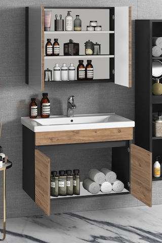 Çiğdem 80 Cm Antrasit Gri Mat-Atlantik Çam Mdf Seramik Lavabolu A Antrasit - Atlantik Çam