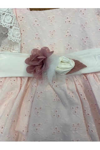 Yazlık Keten Kemerli Çiçek Aksesuarlı Bebe Kız Elbise Pembe