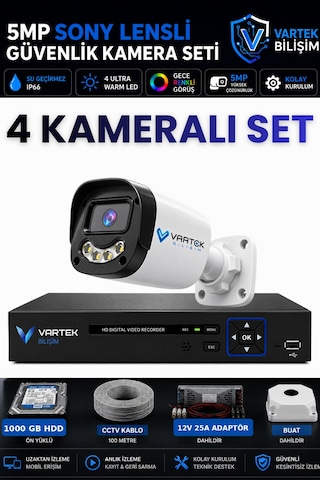 4 Kameralı Full Hd Güvenlik Kamera Seti 1000 Gb Hdd 5mp Gece Renkli Görüşlü - Sabit Ip Gerektirmez