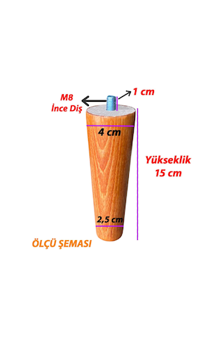 Ahşap Ayak 15 Cm 8'li Set Açık Meşe M8 Civatalı Bağlantı Aparatlı Dolap Mobilya Koltuk Kanepe Destek Ayağı Ayakları Açık Meşe