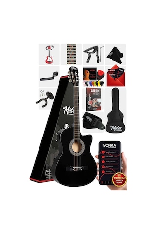 Midex CG-390BK-XBAG Siyah Klasik Gitar 4/4 Sap Ayarlı Kesik Kasa Full Set (Çanta Tuner Askı Capo Metod Pena) Hint Gül Ağacı