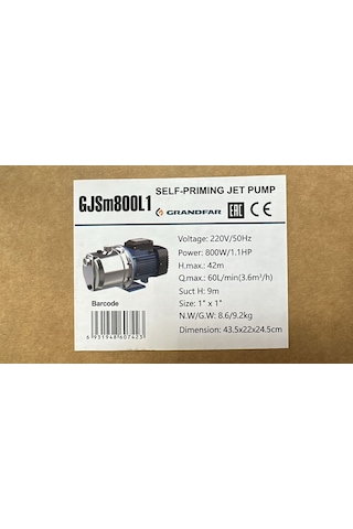 Grandfar Gjsm800l1 Paslanmaz Jet Pompa 1,1 Hp