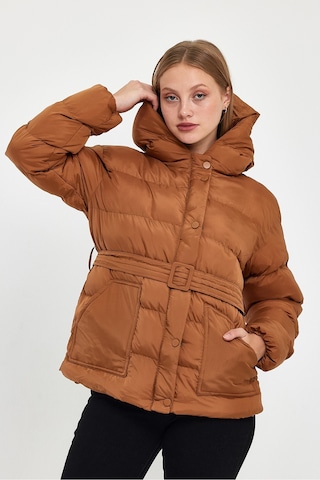 Alisse-kadın Taba Kapüşonlu Kemerli Şişme Mont Kaban Taba