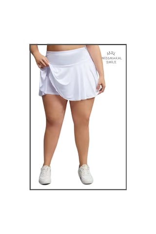 Büyük Beden Etek Içi Şortlu Ekru / Beyaz Yüksek Bel Volanlı Deniz Şortu Skirt With Shorts Curve Ekru / Beyaz