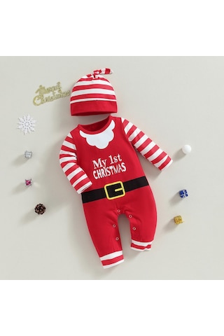 Yenidoğan Bebek Bebek Noel Noel Baba Kostüm Giyim Şerit Mektup Baskı Yuvarlak Boyun Uzun Kollu Romper Tulum Kırmızı