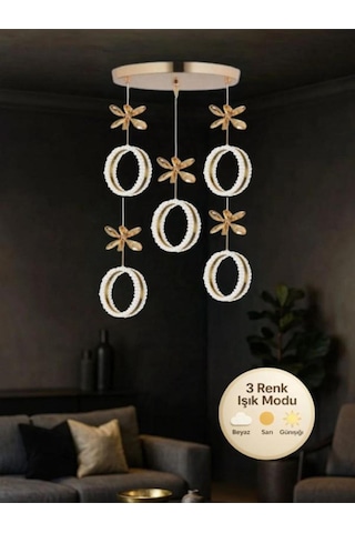 Zero Model 5"li Kristal Taşlı Gold 3 Renk Modu Ledli Salon Mutfak Oturma Odası Sarkıt Led Avize Metalik