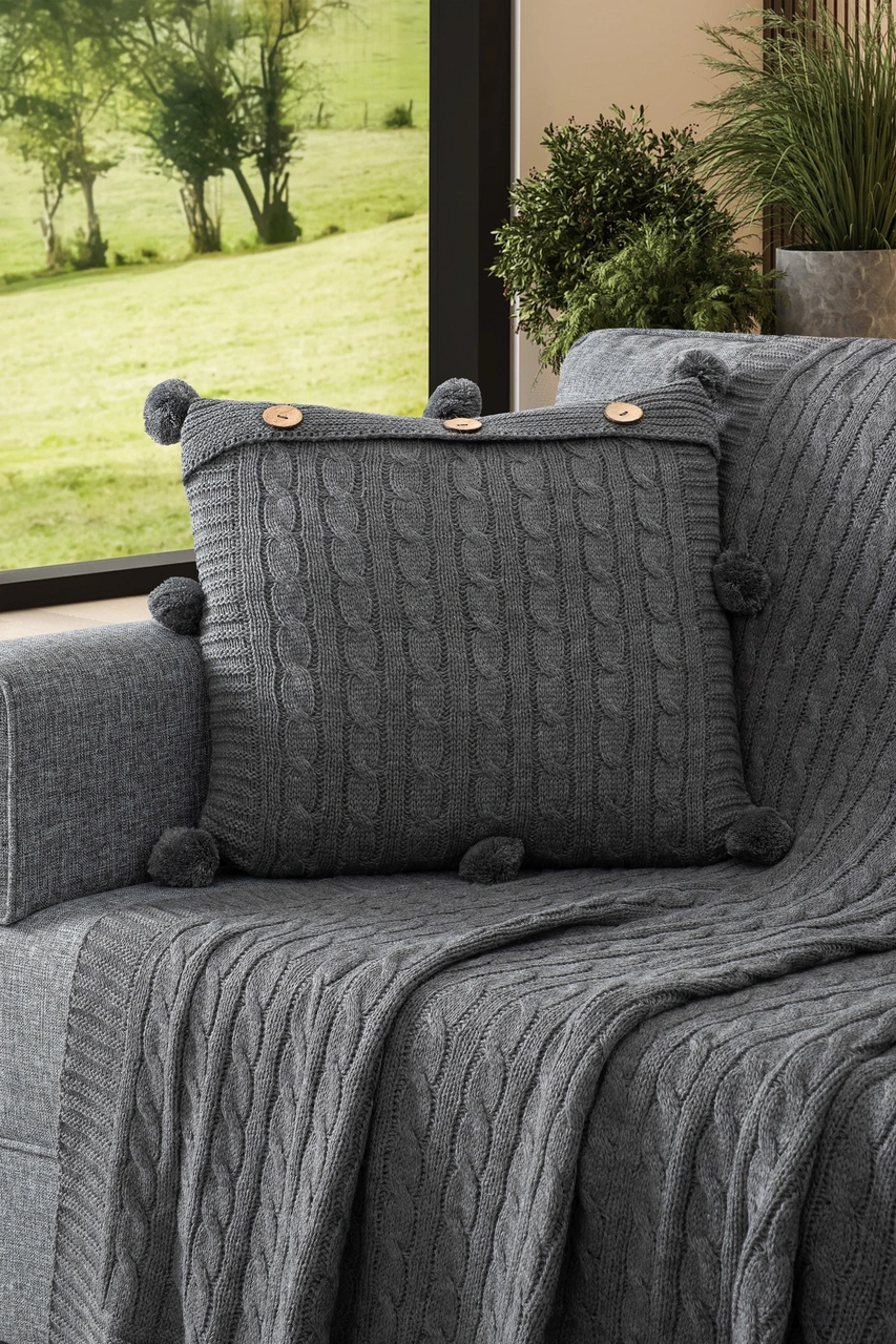 2'li Takım Ponponlu Triko Örme Kırlent Kılıfı & Tv Battaniyesi- Omuz & Koltuk Şalı Seti Koyugrı Koyu Gri