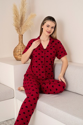 Nisanca Kısa Kollu Milan Gömlek Pijama Takımı- Genç Anne Serisi Bordo